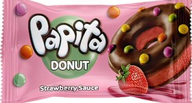 Кекс ПАПИТА ДОНАТ с какао глазурью, клубничной начинкой и цветным драже 40гр (24*6)