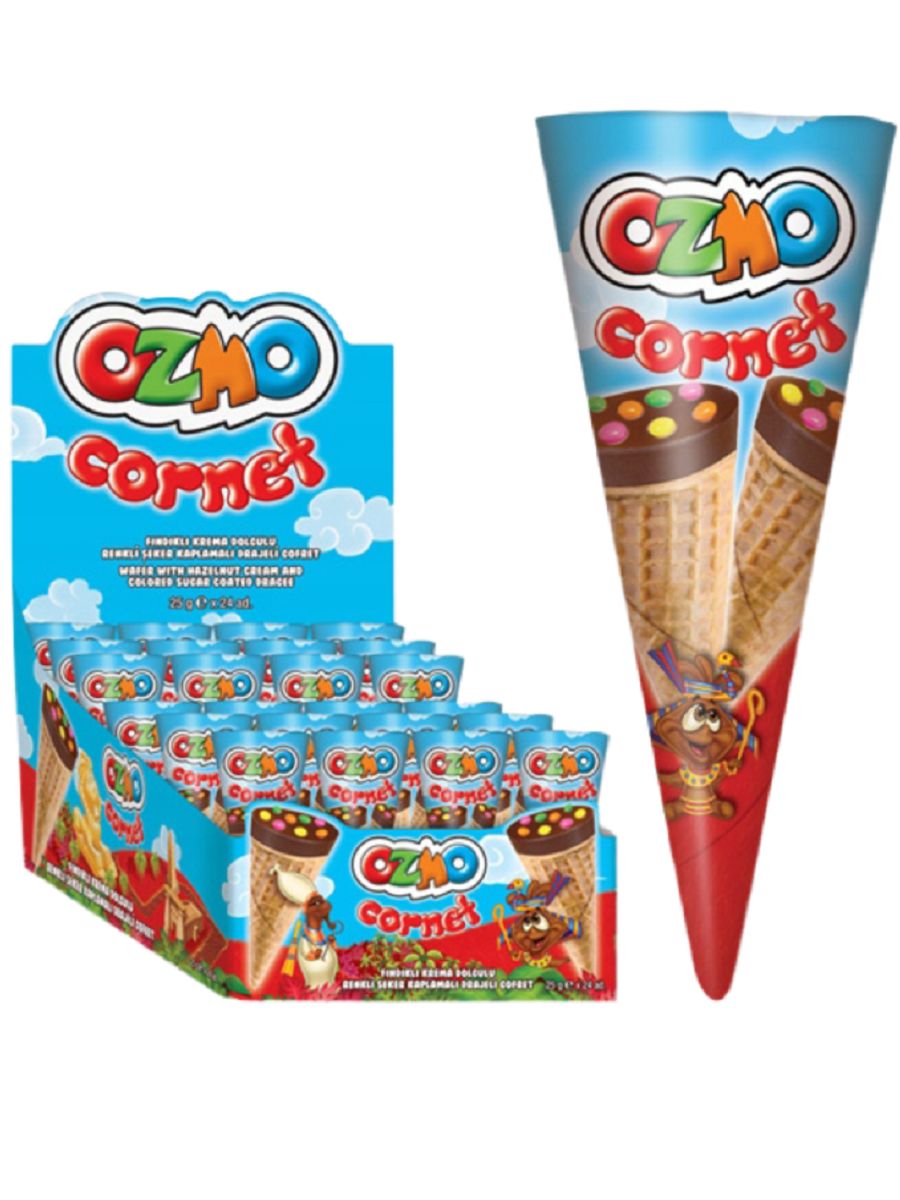 Вафли Рожок Ozmo Cornet с кремом из фундука,с мол.шок. и конфетами-драже 25гр. 24шт/бл4бл/кор