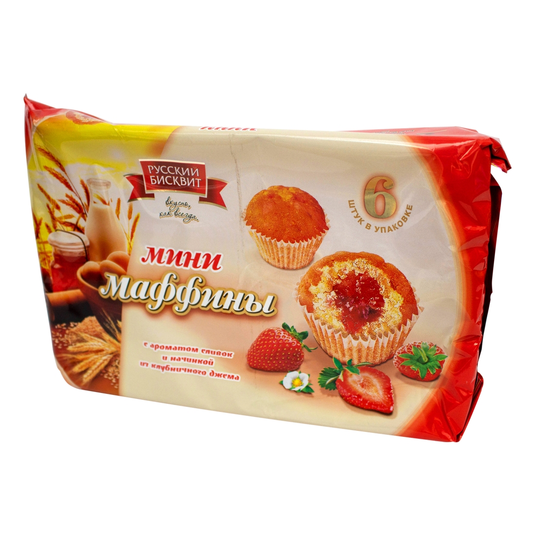 Русский бисквит - Мини-маффины с начинкой Клубника со сливками 200г (1х16)